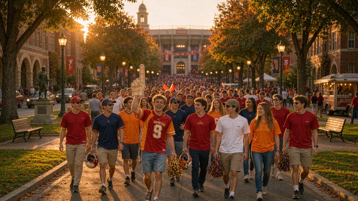 College football fans in team-color jerseys heading to a Week 3 game at dusk