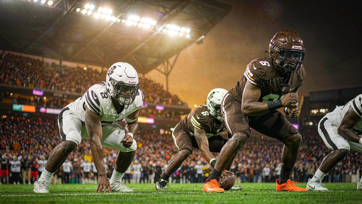 NFL players in brown and orange line up under Thursday night stadium lights