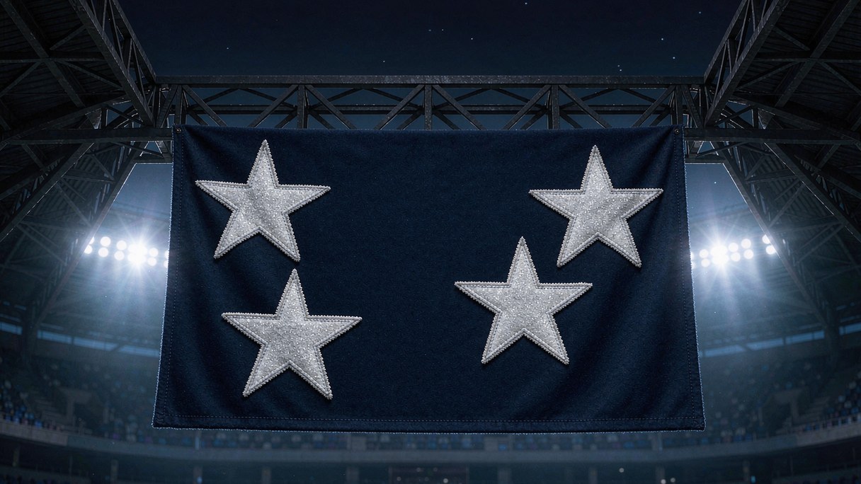 Championship banner hanging from an NFL stadium roof on kickoff night