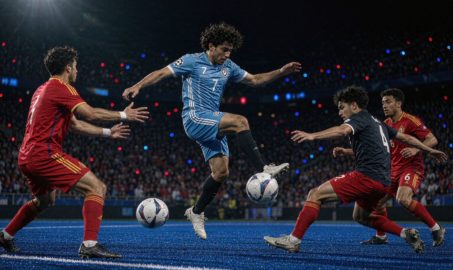 Champions League forward hitting a first-time volley under stadium lights