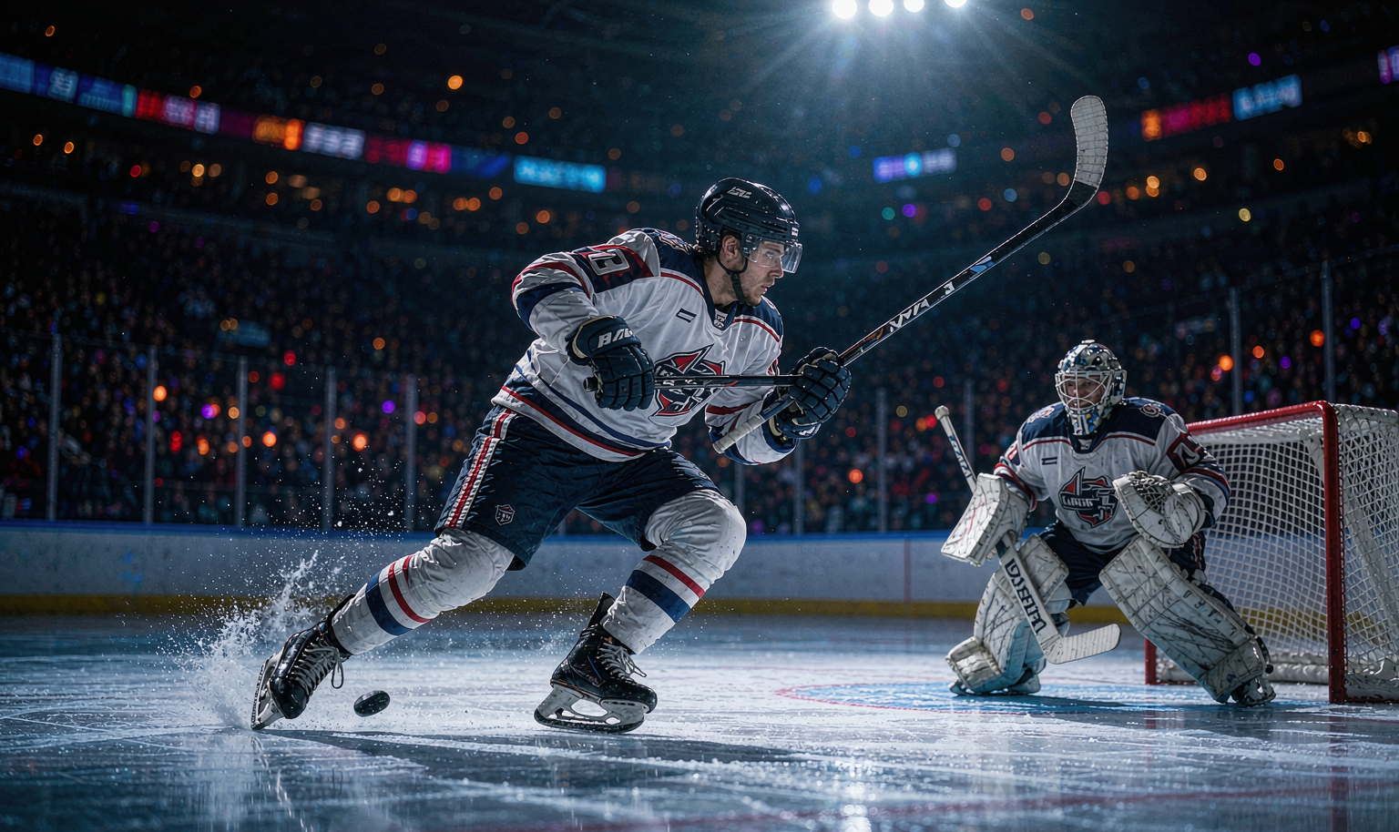 NHL winger on a breakaway rush across the blue line