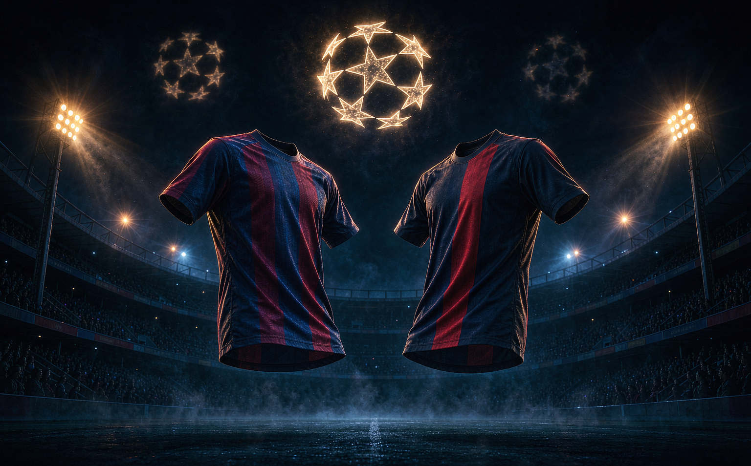 PSG vs Barcelona jerseys duel under the Champions League lights