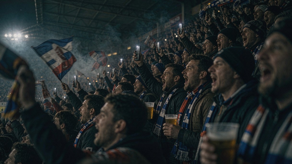 Supporters on a terrace during a Thursday night UEFA Europa League match