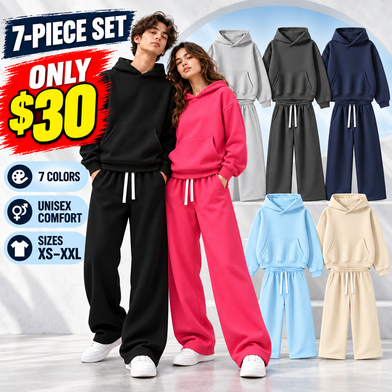 Unisex 2-Piece Pullover Hoodie & Wide-Leg Sweatpants Set