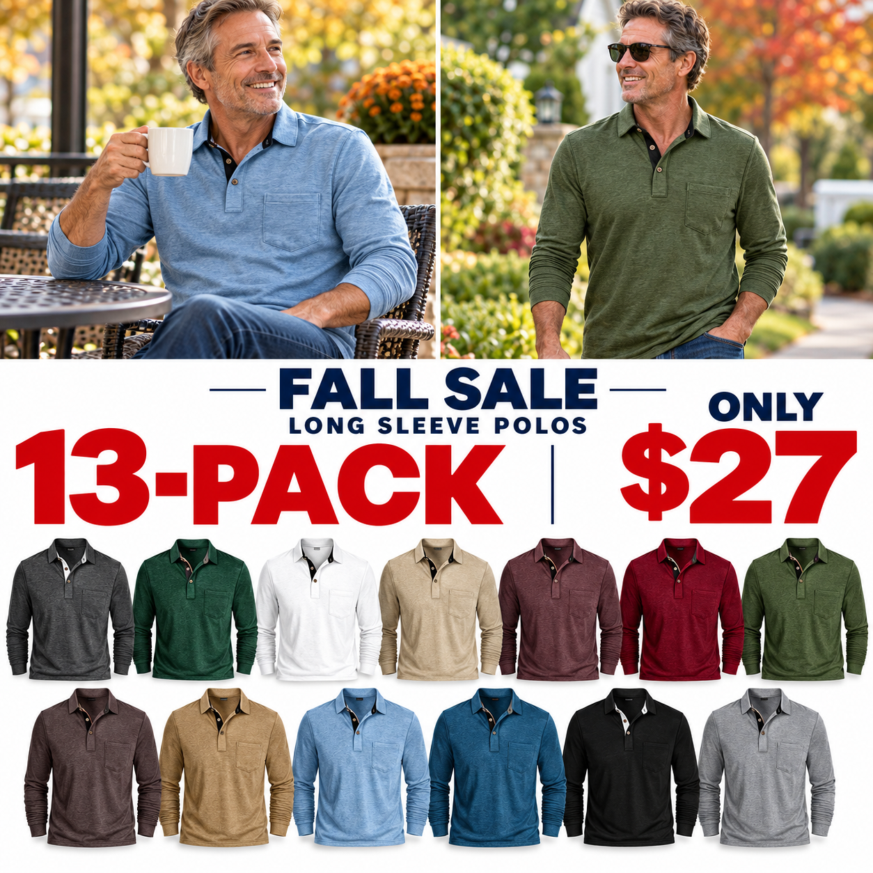Men's Long Sleeve Pocket Polo – Single Colors & Multi-Packs