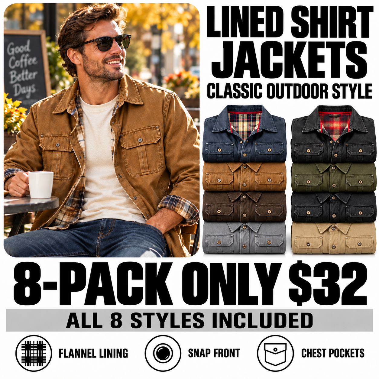 Eight lined shirt jackets - all eight styles - 32 USD