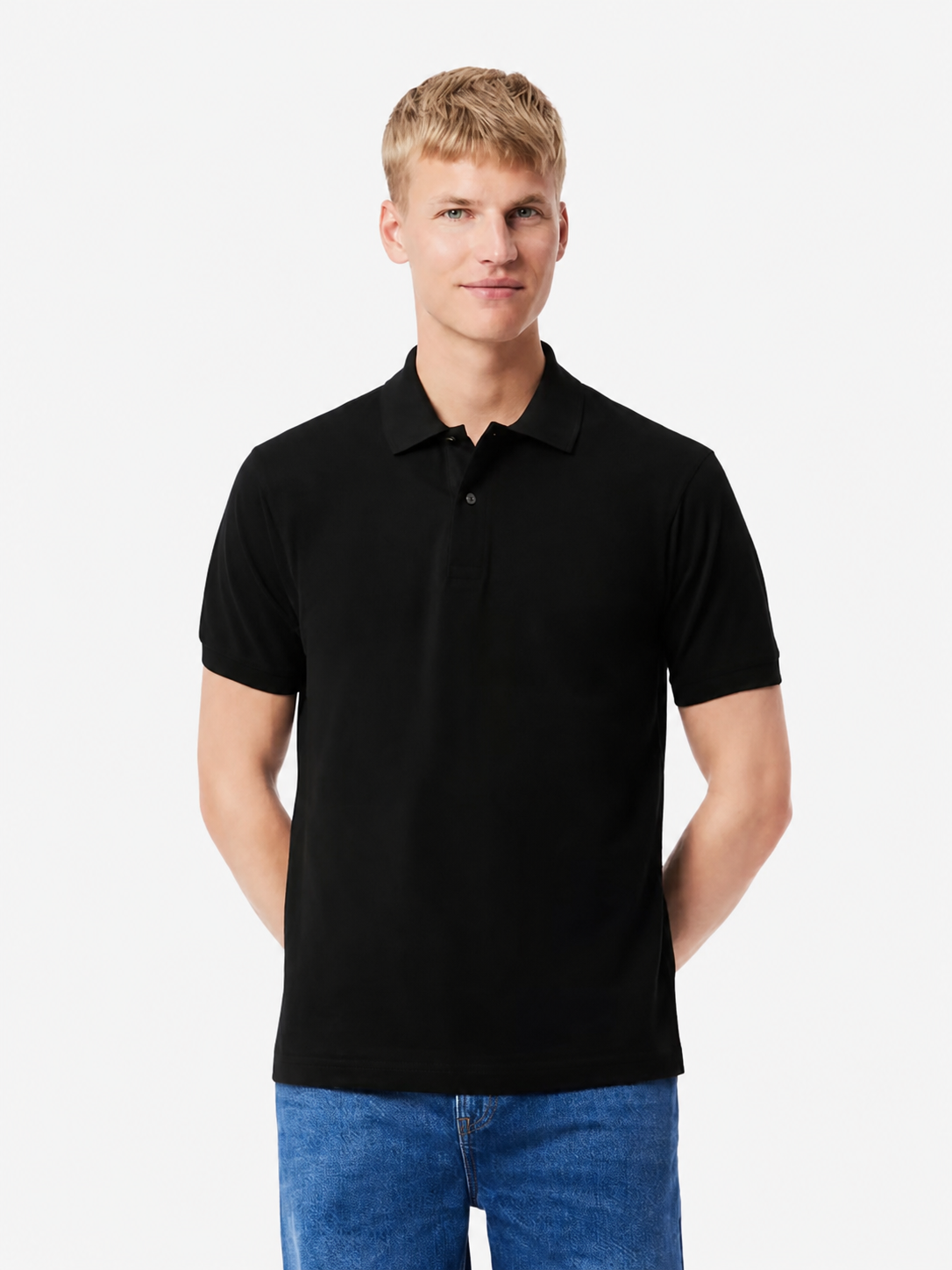 Men's black classic fit cotton polo model front clean