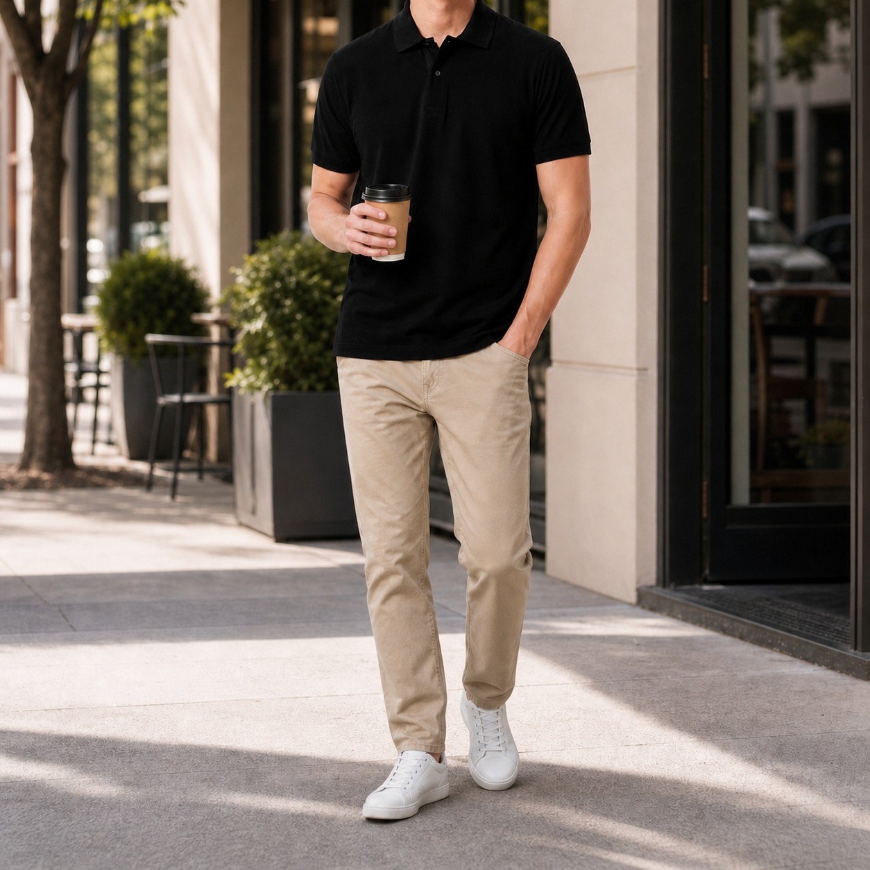 Men's black cotton pique polo on a morning coffee run