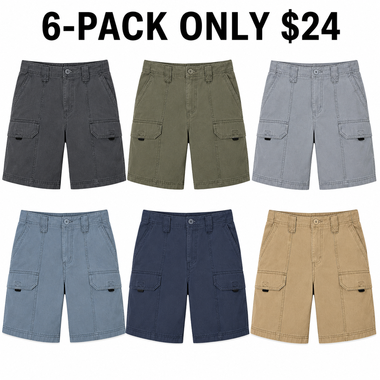 6-pack mixed color canvas utility hiker shorts