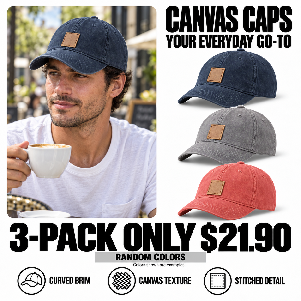3-pack canvas caps - random colors - 21.90 USD