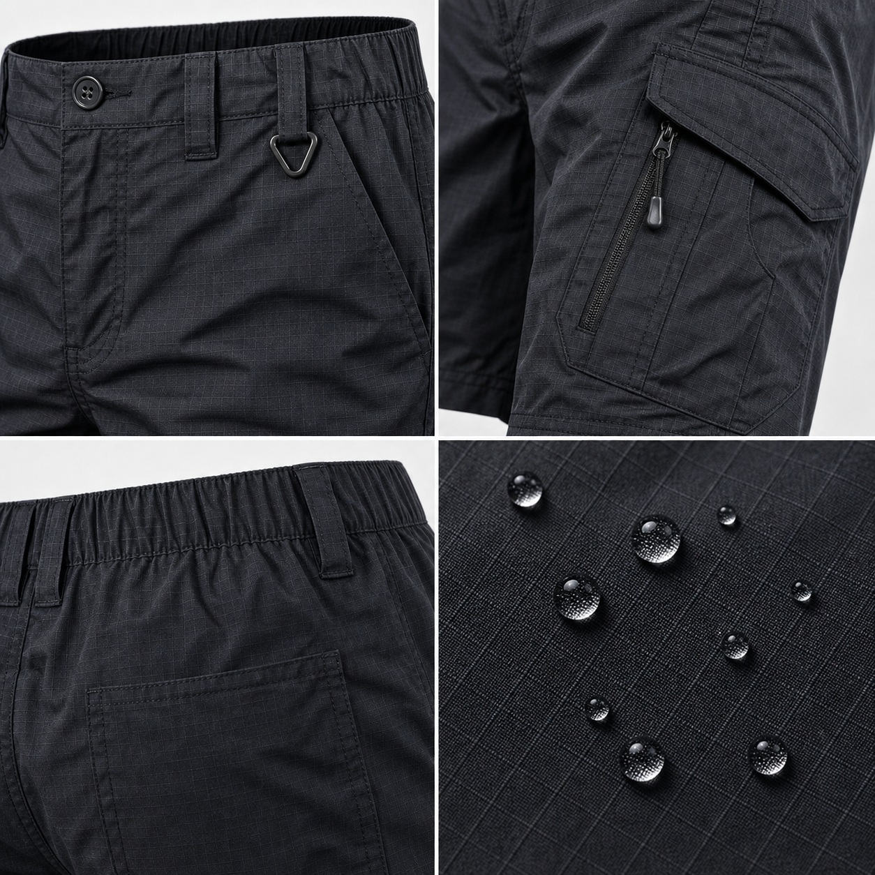 Ripstop fabric D-ring angled zipper pocket and elastic waistband details