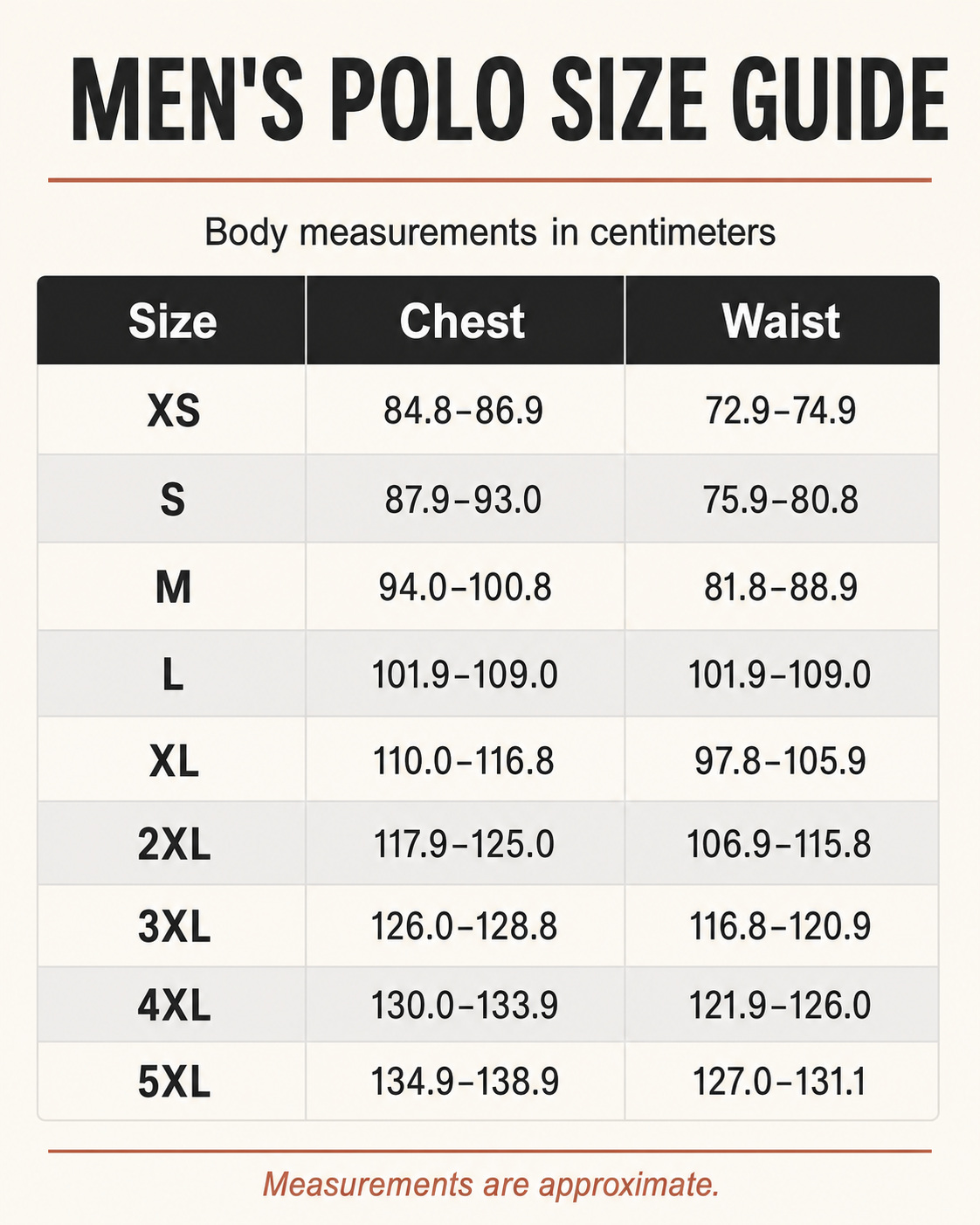 Men's classic fit polo size guide XS to 5XL