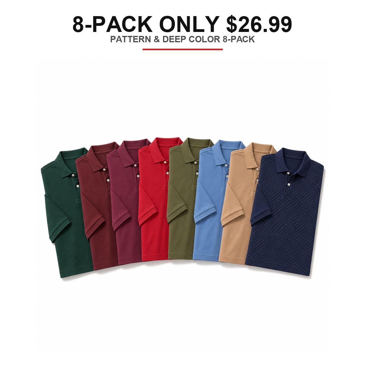 Pattern and Deep Color 8-pack men's cotton pique polo shirts