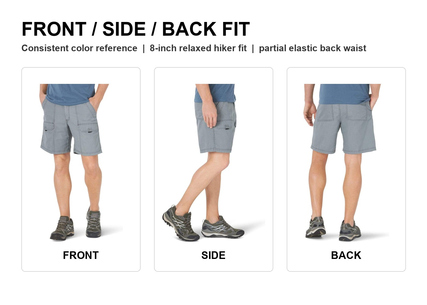 Front side and back views of canvas utility hiker shorts