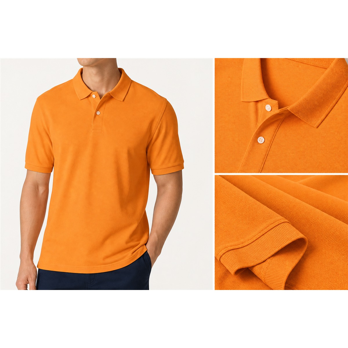 Cotton pique polo collar placket fabric and sleeve cuff details
