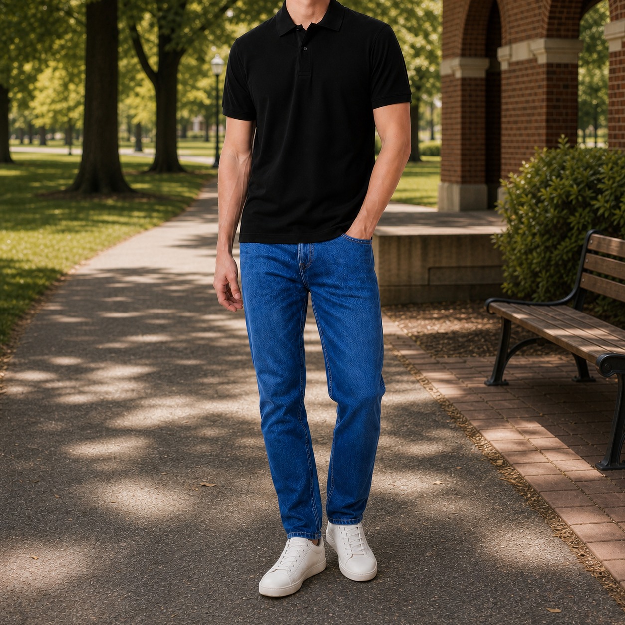 Men's black cotton pique polo for a relaxed weekend park walk