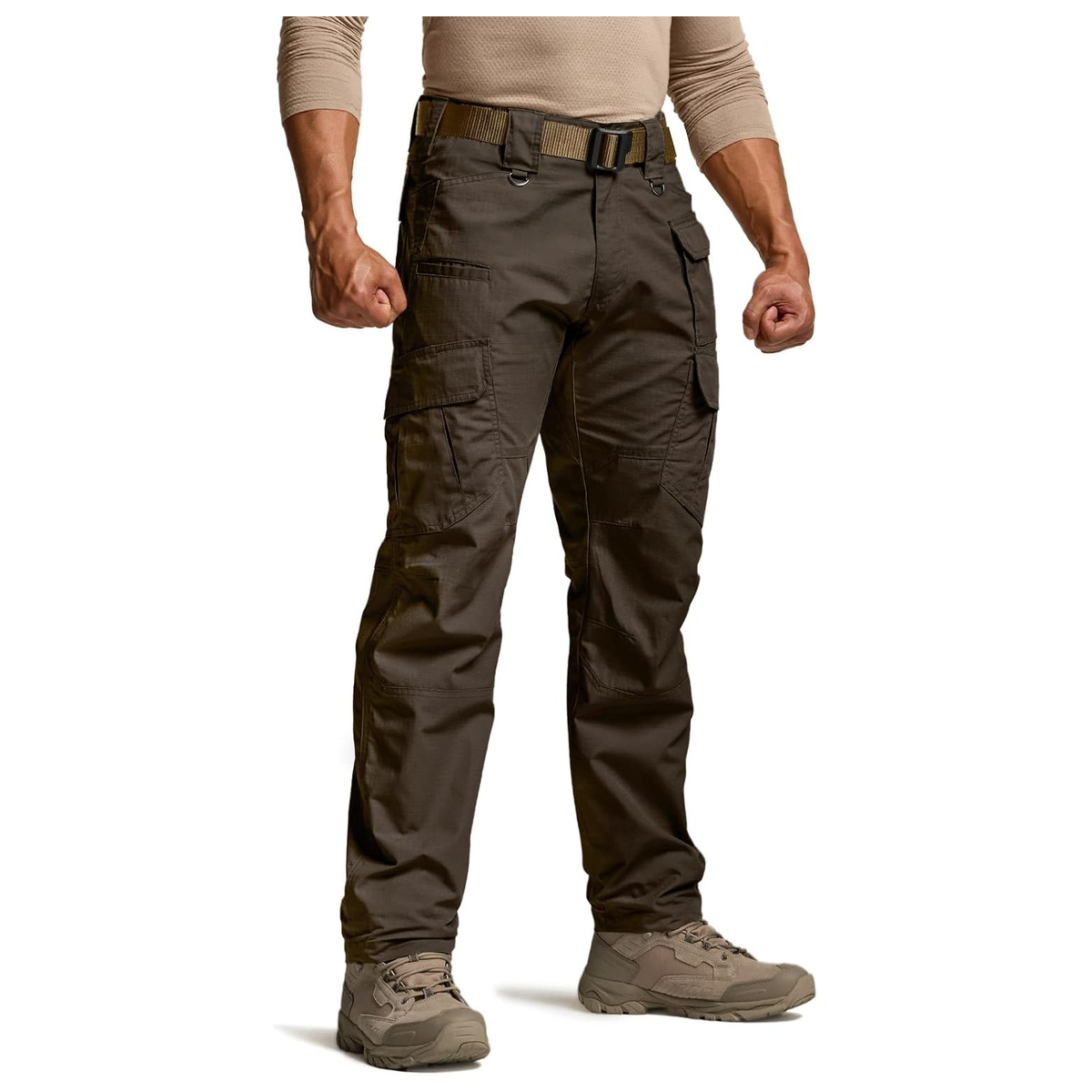 Men's Water-Resistant Ripstop Tactical Cargo Work Pants - Dark Brown