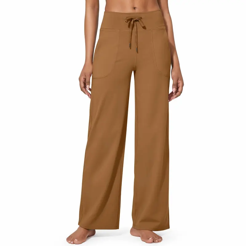 Women's High-Waist Wide-Leg Yoga Pants with Pockets - Coca Mocha