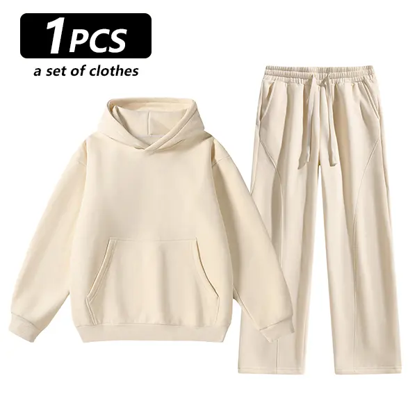 Unisex 2-Piece Pullover Hoodie & Wide-Leg Sweatpants Set - Apricot
