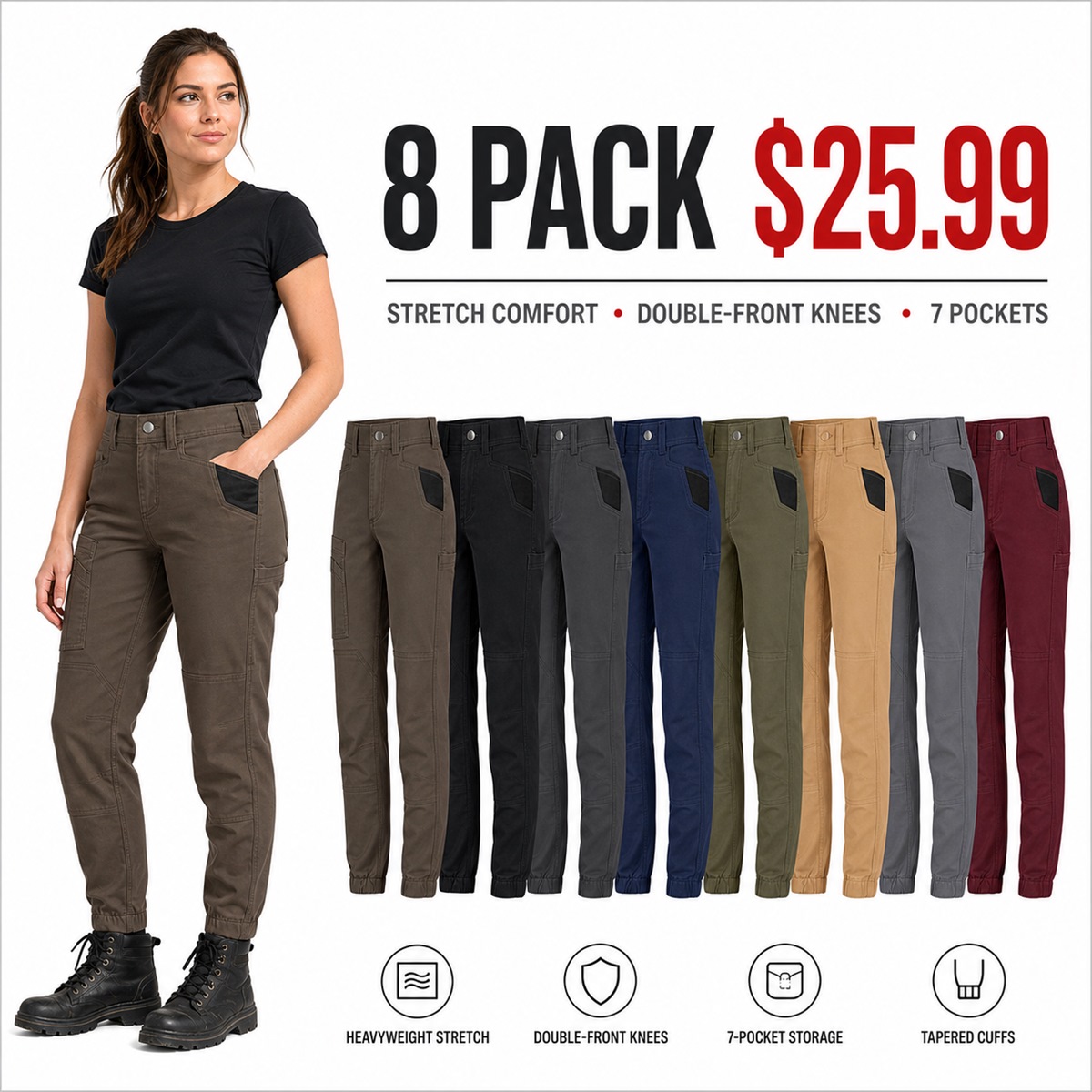 Women's Heavyweight Double-Knee Utility Work Jogger Pants - 8-Pack All Colors