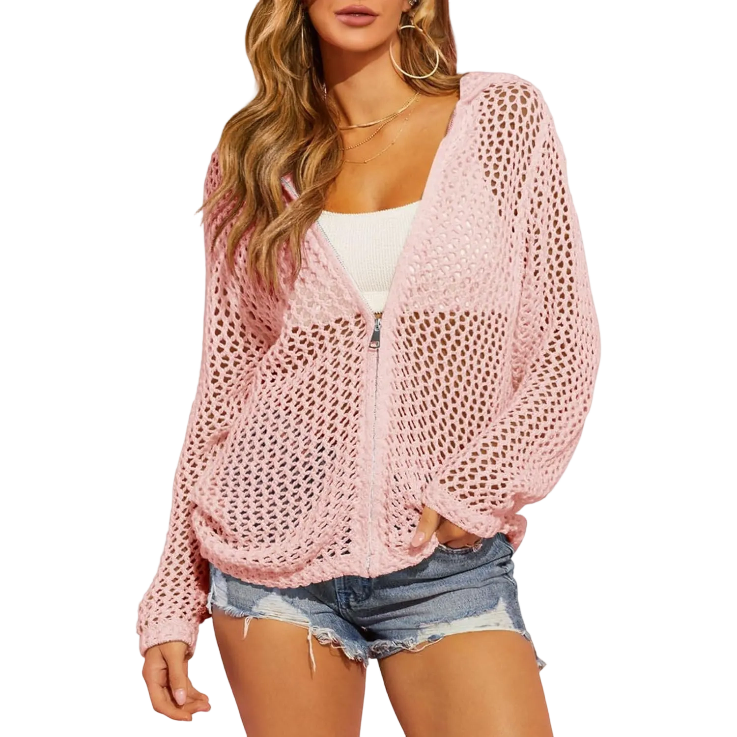 Women's Crochet Lightweight Cardigan Zip Up Hooded Knit Sweater - image 16