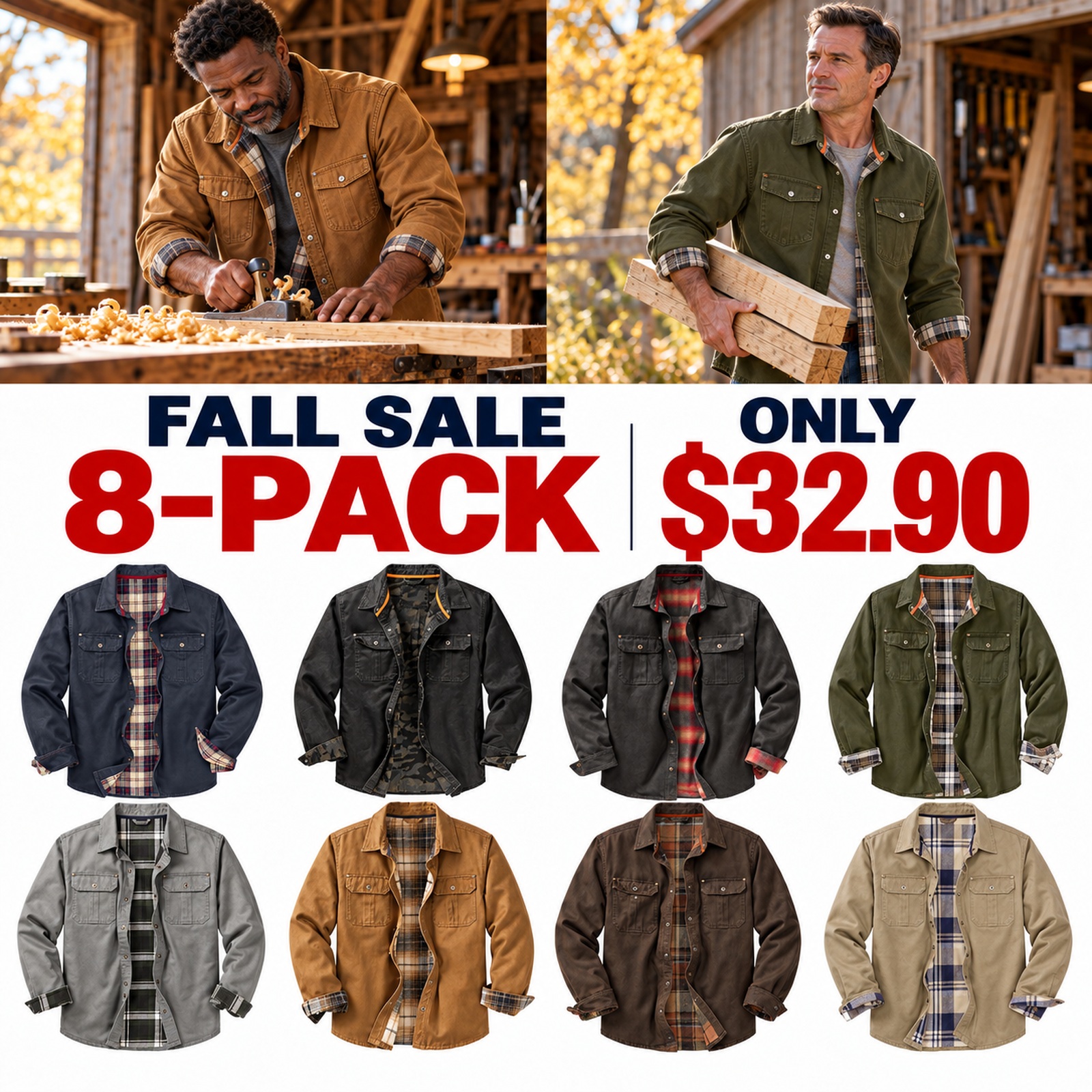 8-pack flannel-lined shirt jackets - workshop scenes - $32.90