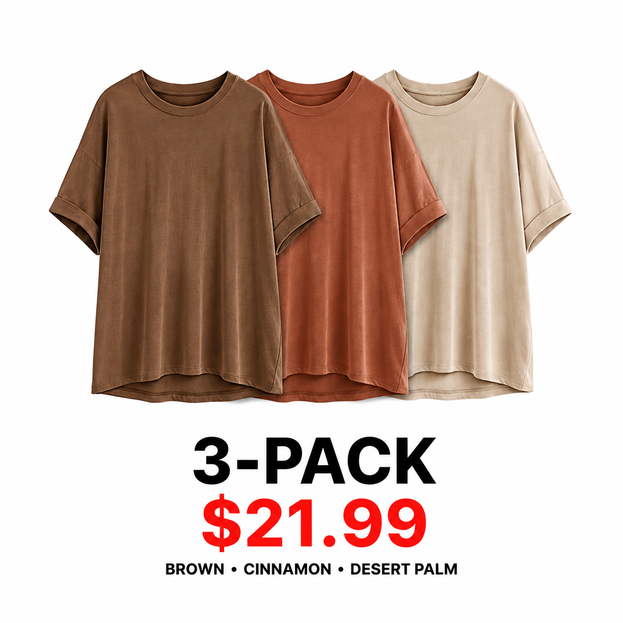Women's Oversized Soft Stretch Crewneck T-Shirt - 5-Pack - Brown / Cinnamon / Desert Palm 3-Pack