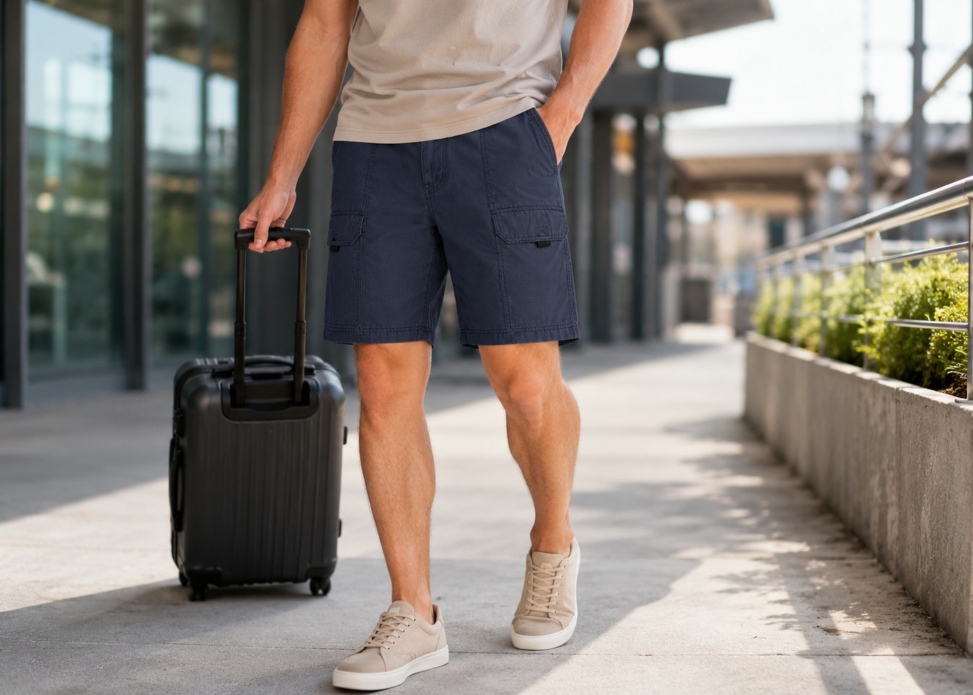 Canvas utility hiker shorts travel lifestyle scene