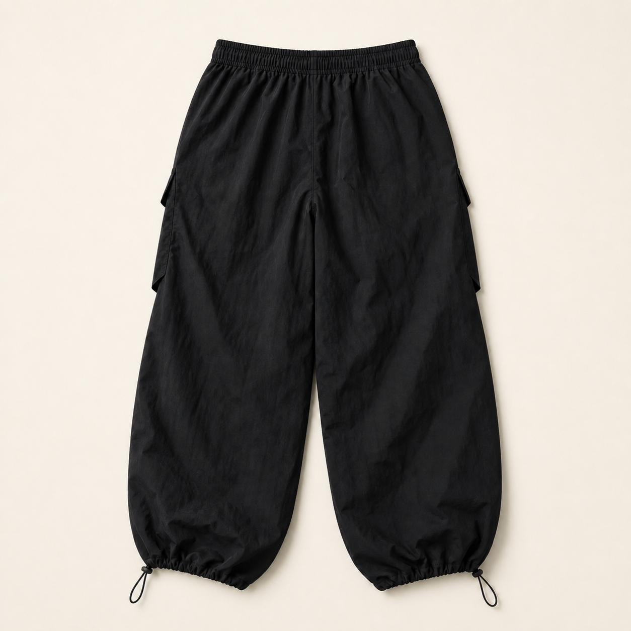 Cargo pants back view and gathered ankle construction