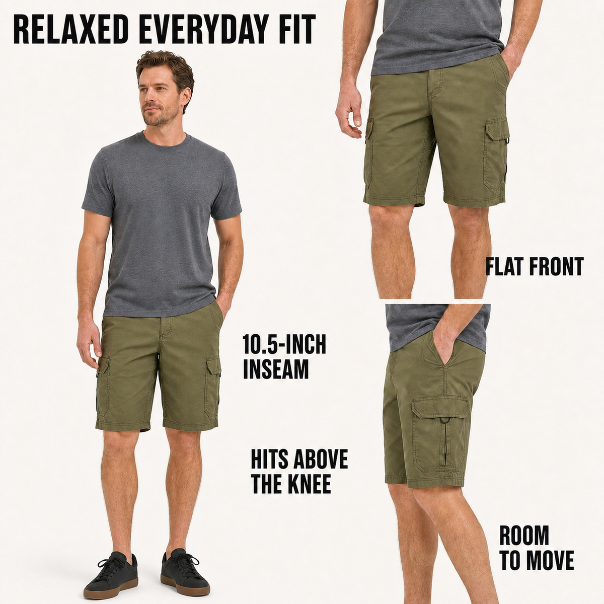 Men's relaxed 10.5 inch cargo shorts fit guide