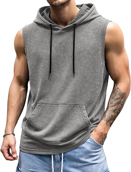 Mens 2026 Vintage Washed Sleeveless Hoodie Tank Top Cotton Muscle Workout Gym Streetwear Shirt