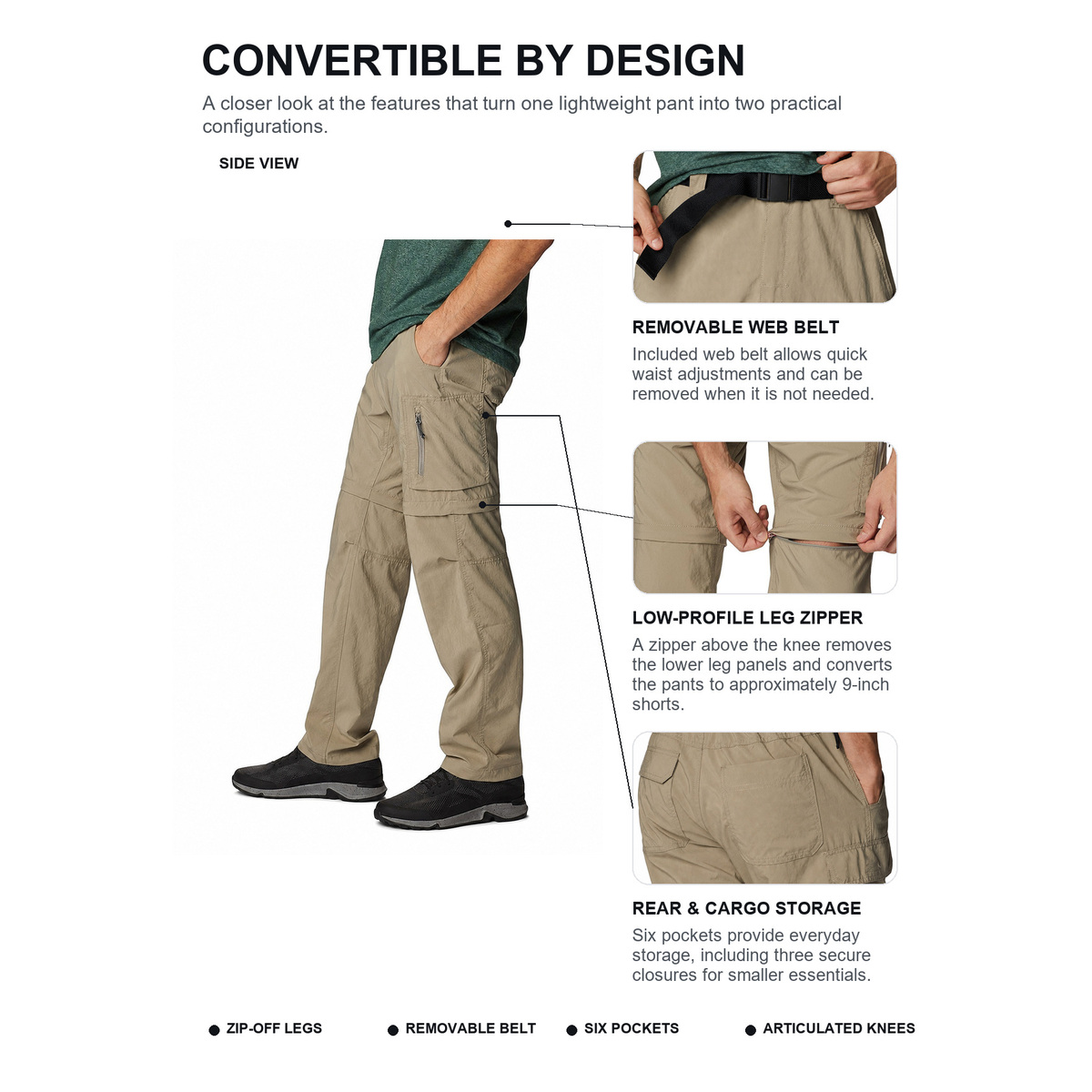 Men's Convertible Stretch Cargo Hiking Pants - Detail 1 - Convertible Design and Construction Details