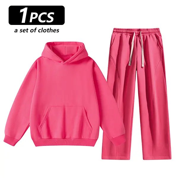 Unisex 2-Piece Pullover Hoodie & Wide-Leg Sweatpants Set - Rose red