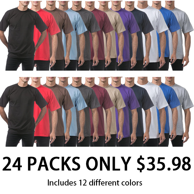 Men's Heavyweight Cotton Classic Fit Crewneck T-Shirt - Multipack - 24-Pack (Two of Each Color)