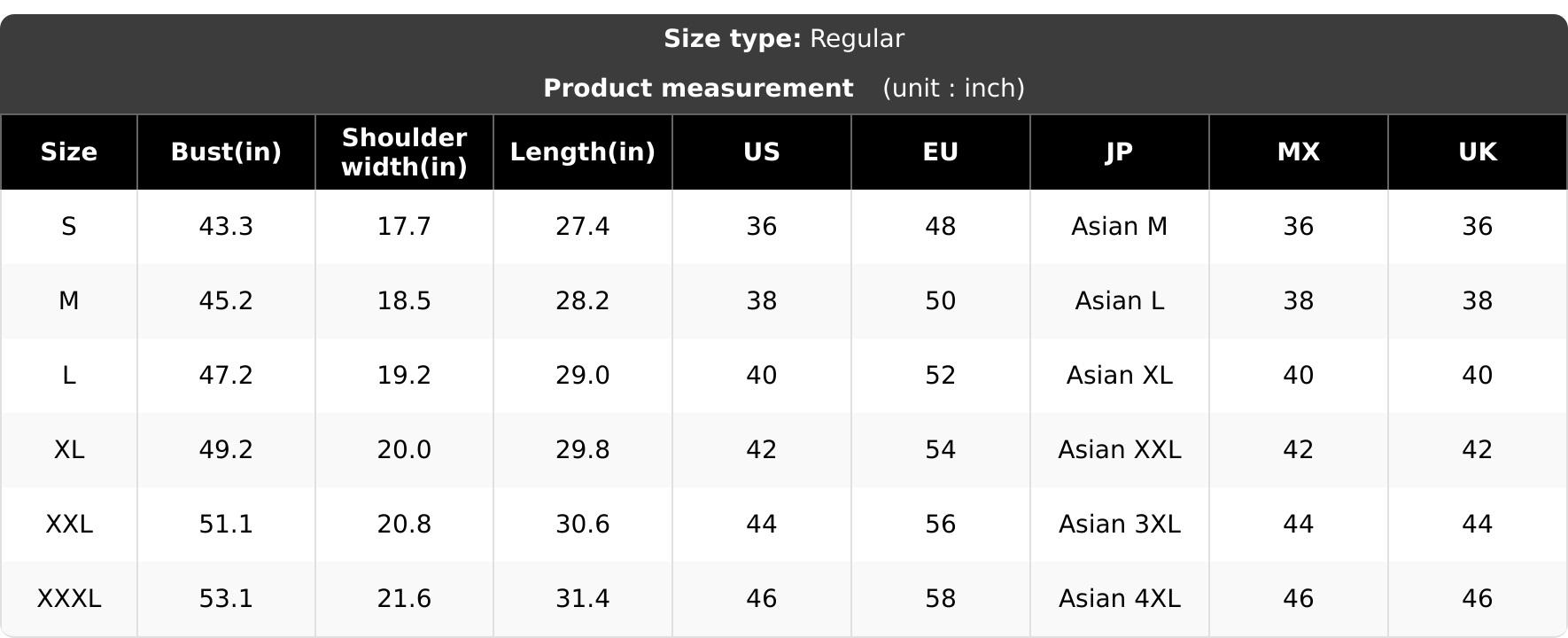Original Size Chart - S to XXXL