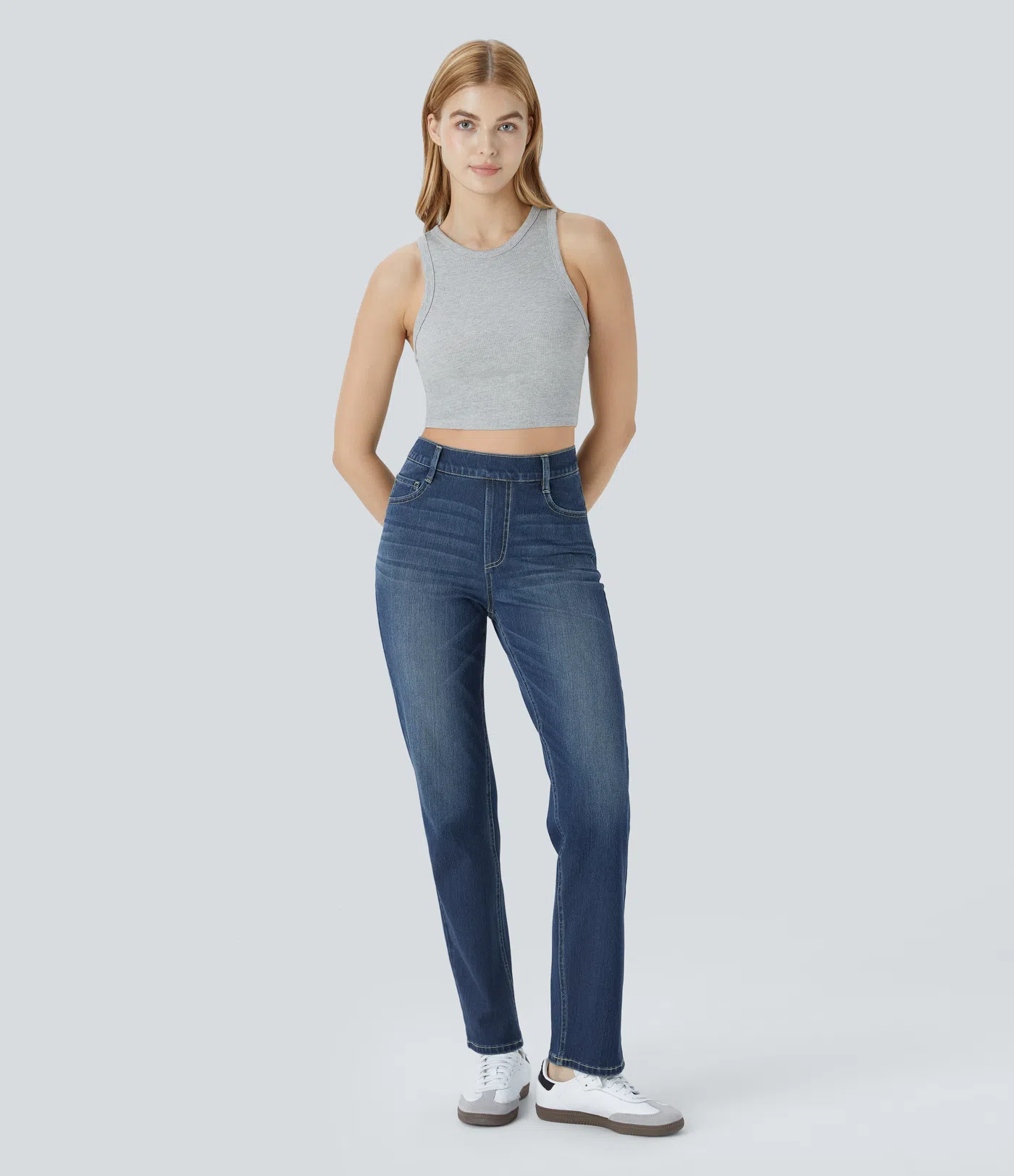 High Waisted Pockets Straight Leg Washed Casual Jeans