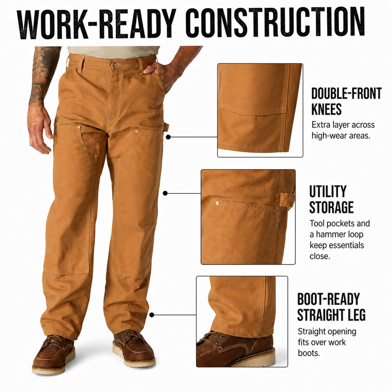 Men's double-front work pants construction and utility details