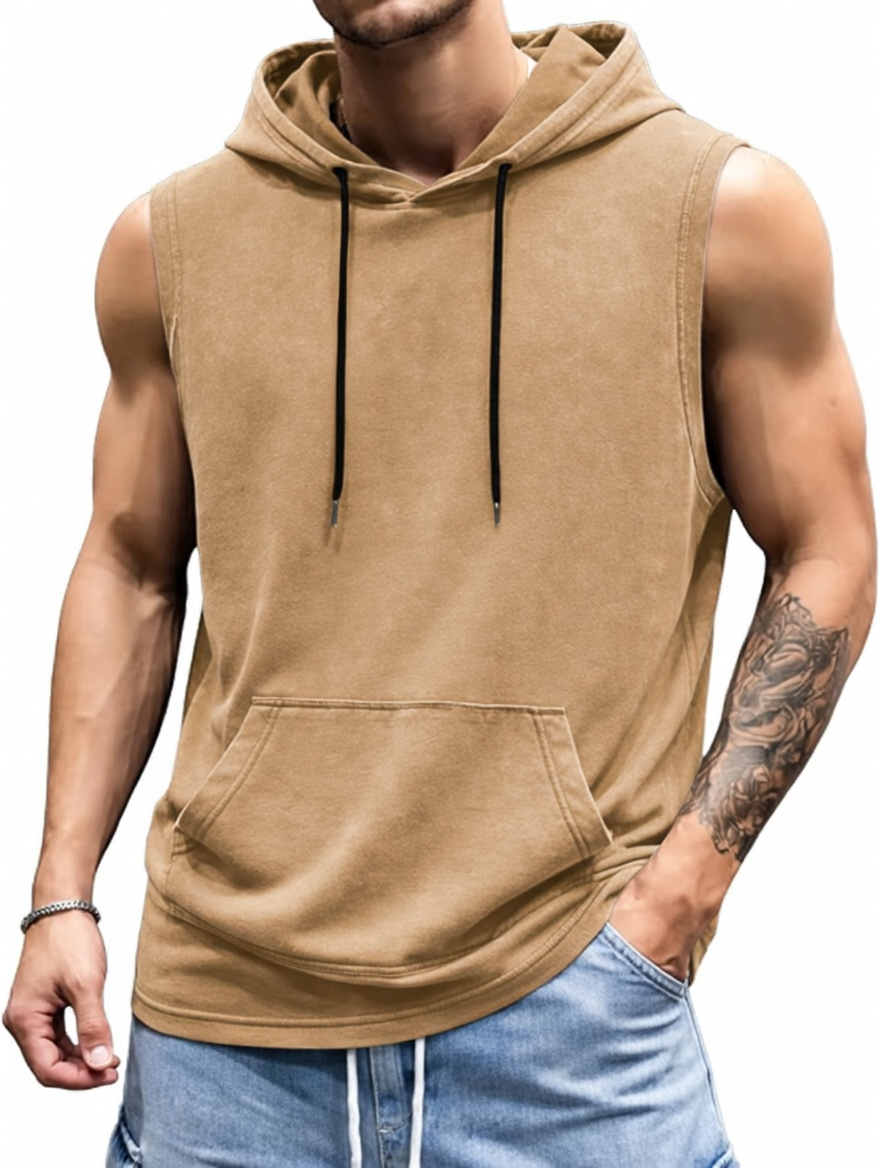 Mens 2026 Vintage Washed Sleeveless Hoodie Tank Top Cotton Muscle Workout Gym Streetwear Shirt