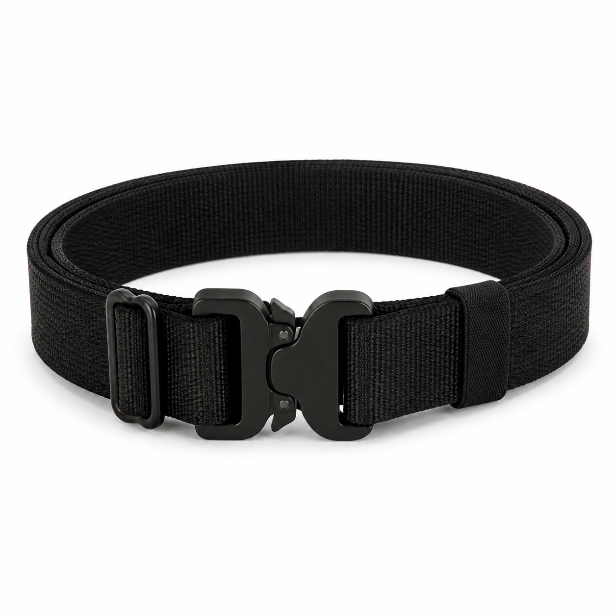 Black stretch tactical work belt with quick-release buckle