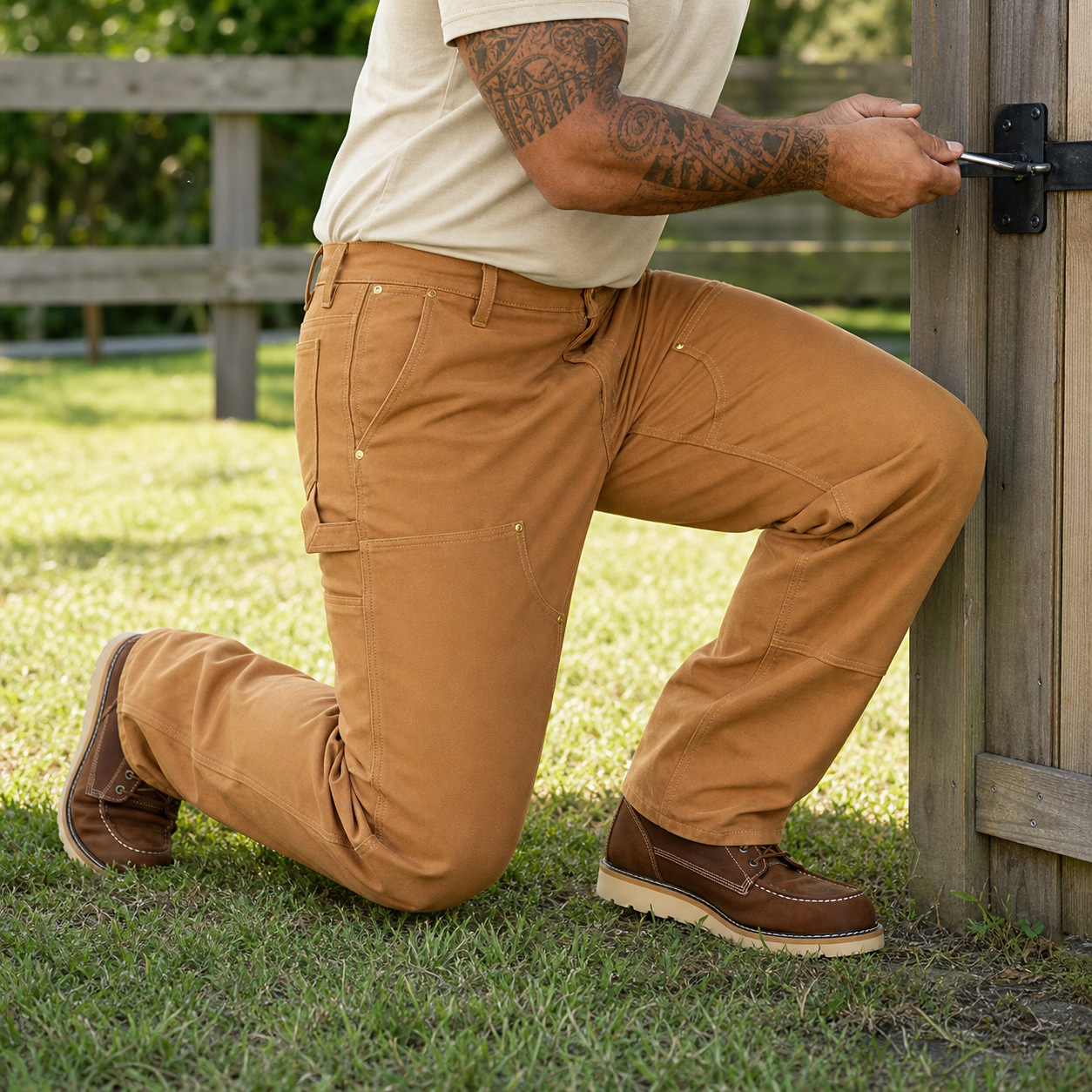 Men's brown double-front work pants during outdoor maintenance