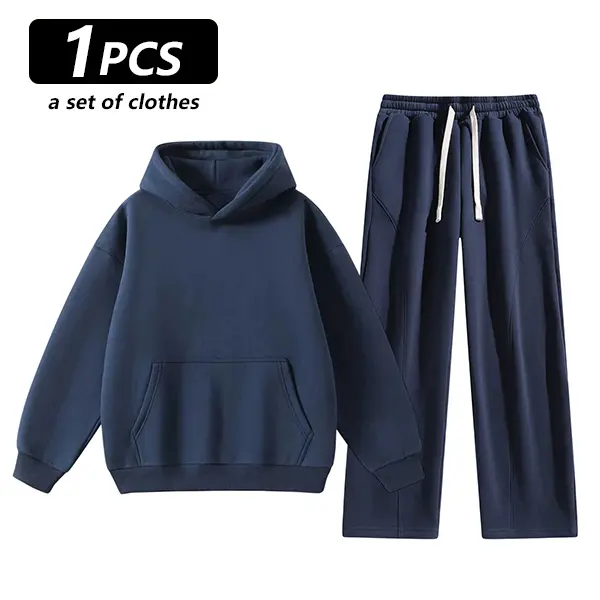 Unisex 2-Piece Pullover Hoodie & Wide-Leg Sweatpants Set - Dark blue
