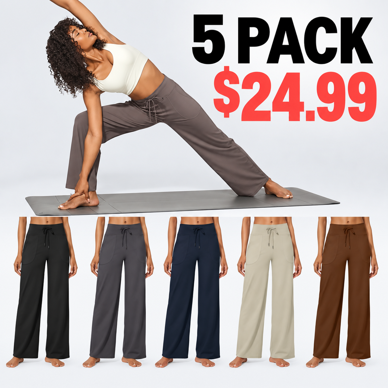 Women's Wide-Leg Yoga Pants - 5-Pack (Black + Taupe + Dark Grey + Khaki + Dark Coffee) - $24.99 Per Set