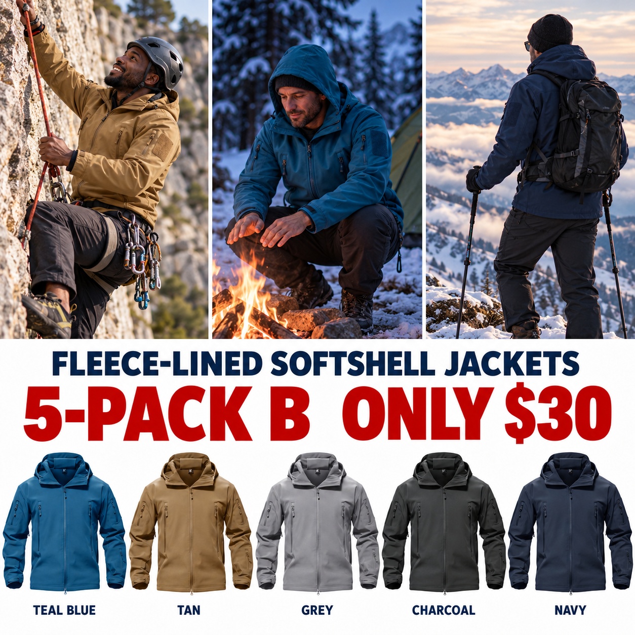Fleece-lined 5-Pack B (5 Colors) - Teal Blue, Tan, Grey, Charcoal, Navy - $30