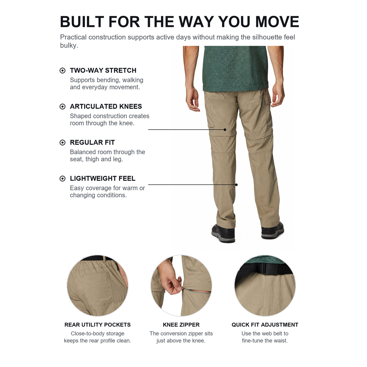 Men's Convertible Stretch Cargo Hiking Pants - Detail 2 - Movement, Fit and Storage Details