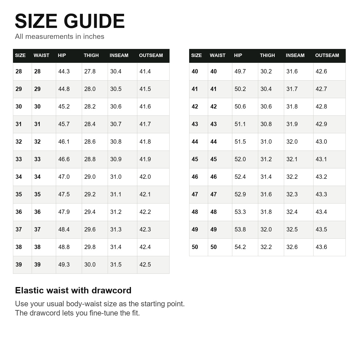 Numeric cargo pants size guide 28 through 50