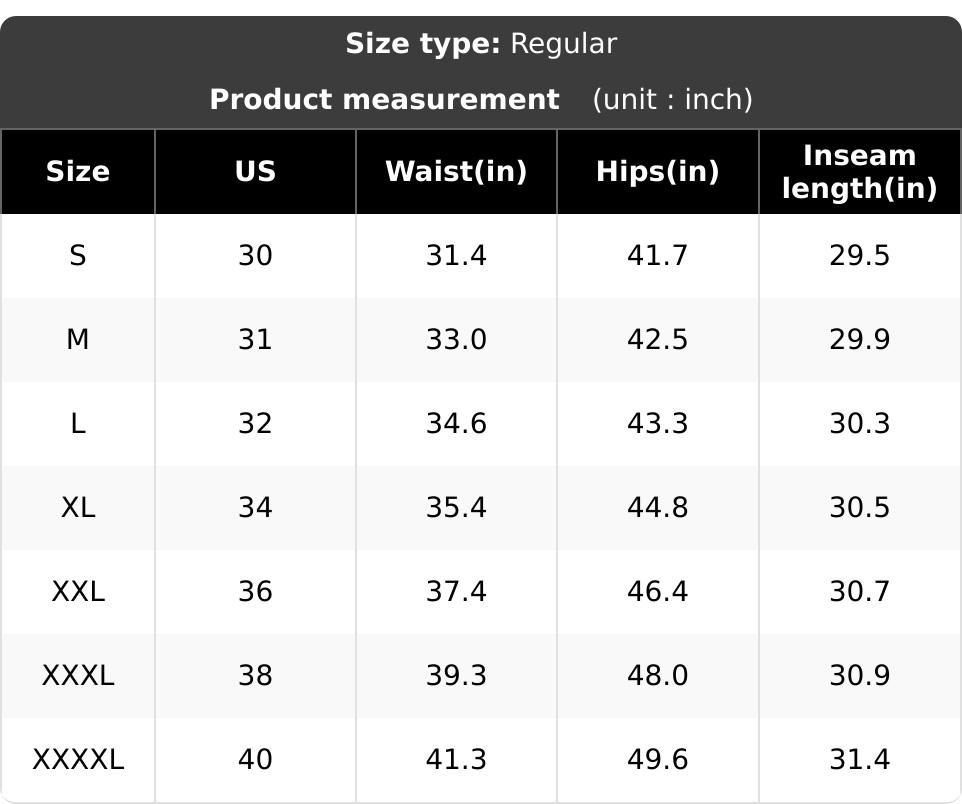Official waist, hip and inseam size chart