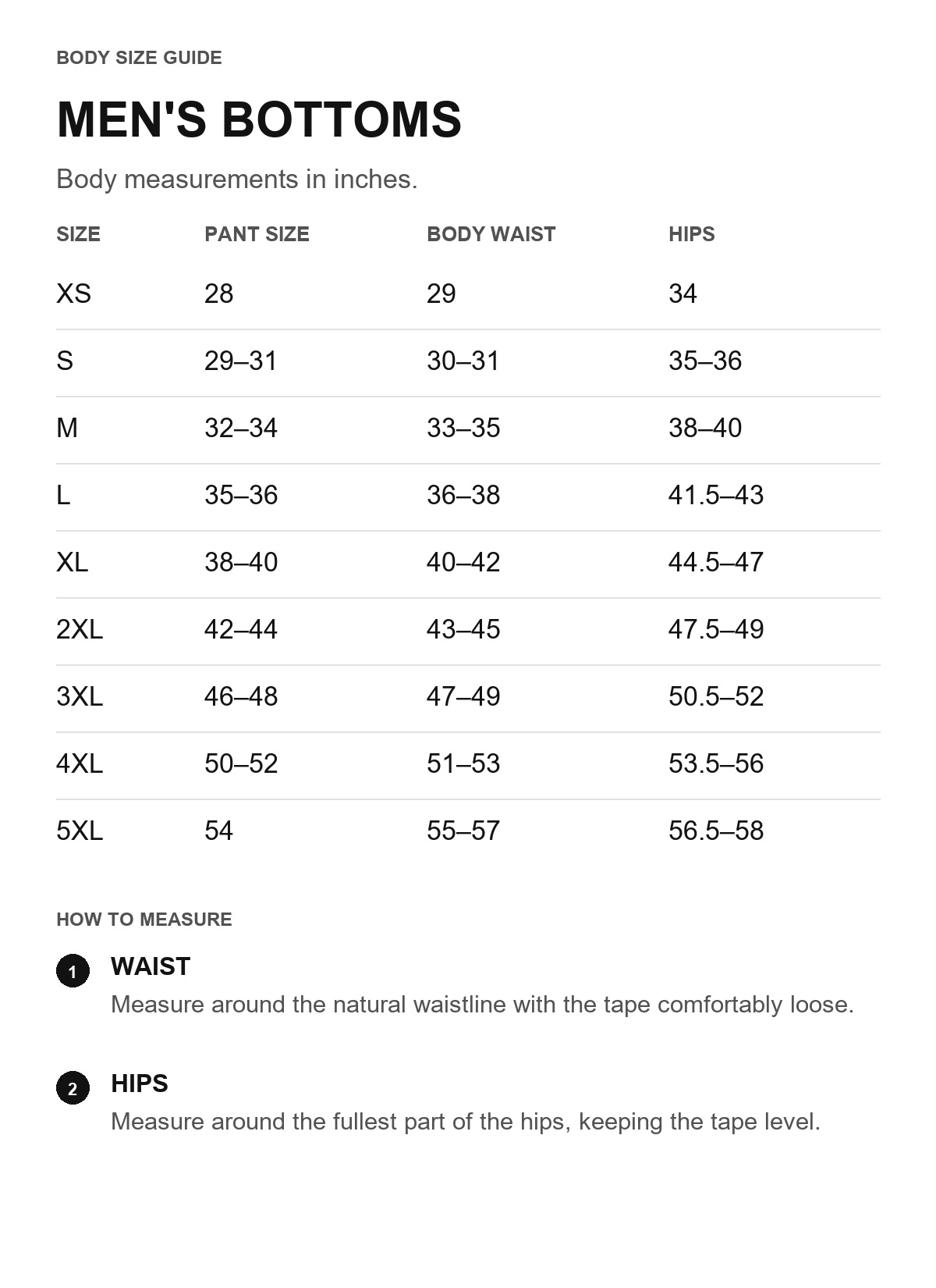 Men's bottoms body size guide