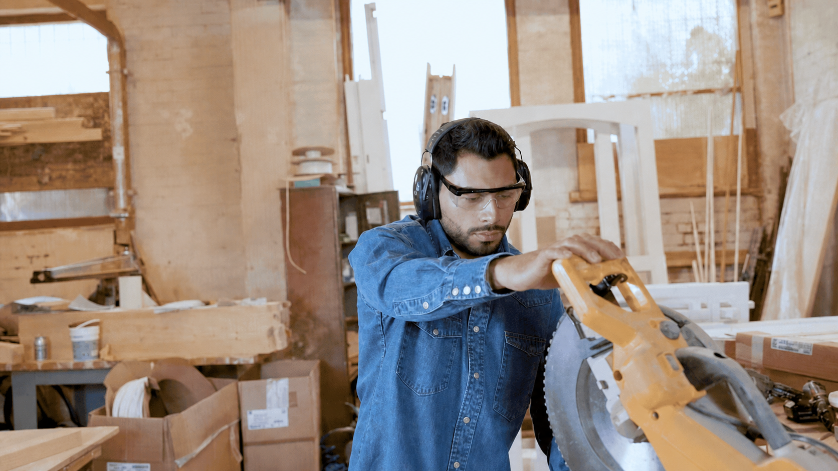 Men's Stonewashed Denim Long Sleeve Work Shirt - Workshop Scene One