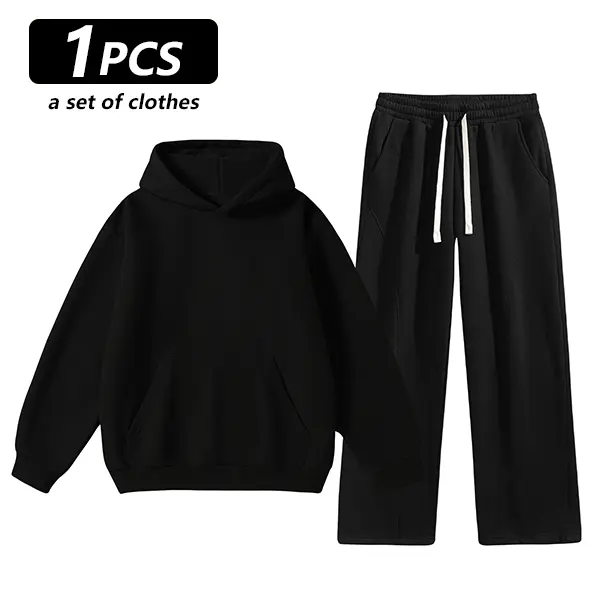 Unisex 2-Piece Pullover Hoodie & Wide-Leg Sweatpants Set - Black