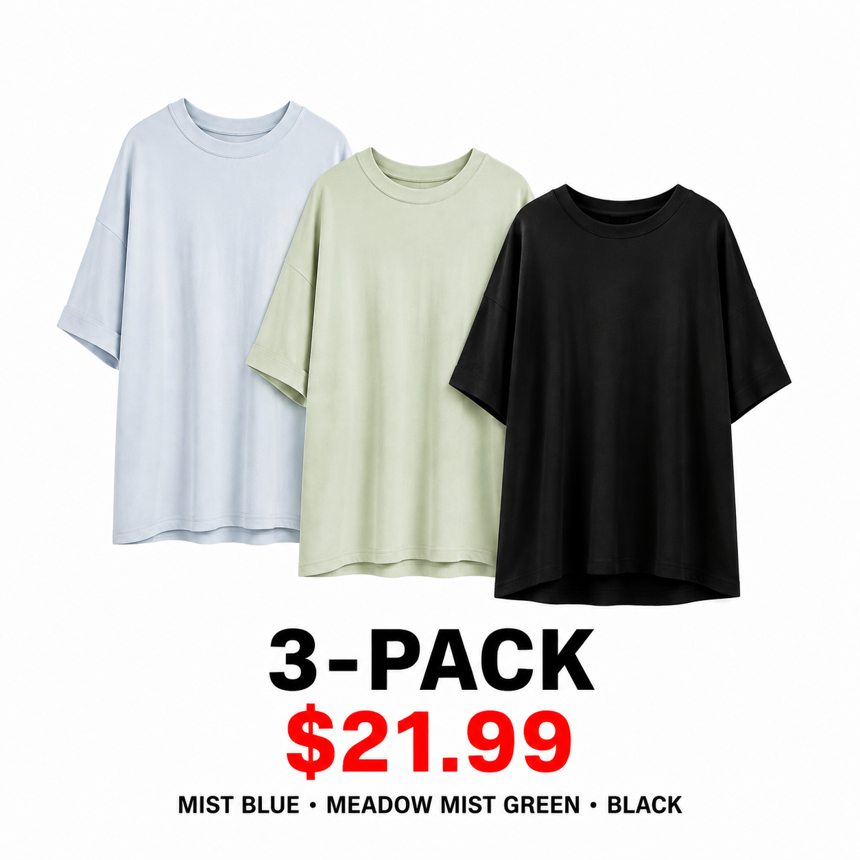 Women's Oversized Soft Stretch Crewneck T-Shirt - 5-Pack - Mist Blue / Meadow Mist Green / Black 3-Pack